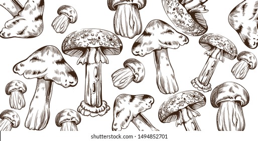 Mushrooms vector line art pattern. Autumn fall veggies background