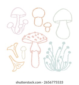 Mushrooms, vector linear icon set. Collection of cozy sticker designs.