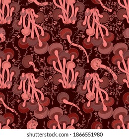 Mushrooms vector pattern. Seamless pattern with mushrooms on a dark burgundy background. Leaves and twigs.