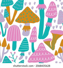 Mushrooms vector prrint in flat style. Seamless pattern with Mushrooms 