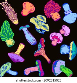 Mushrooms vector seamless hand-drawn pattern in bright neon colors. 