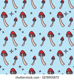 Mushrooms vector seamless pattern. Amanita flat outline repeating background