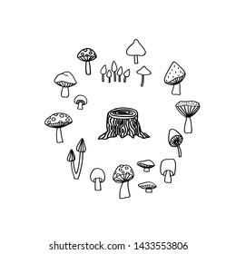 Mushrooms vector set. Hand drawn doodle illustration of different types  toadstool, isolated on a white background.
