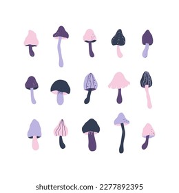 Mushrooms vector set illustration. Hand drawn cartoon fungi collection. Amanita, toadstool, fungus cliparts isolated on white background.