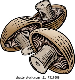 Mushrooms vegetable illustration in a vintage retro woodcut etching style.