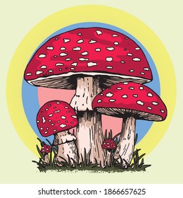 MUSHROOMS VINTAGE 60s 70s SCREEN GRAPHIC HIPPIE PSYCHEDELIC OUTLINE COLORFUL AMANITA MUSCARIA FLY AGARIC MUSHROOM FUNGUS RETRO FASHION 