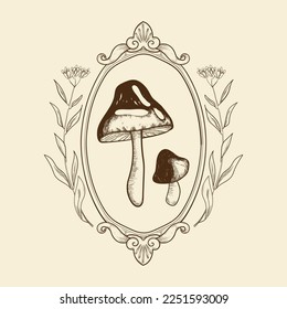 Mushrooms in vintage oval frame with wildflowers decor vector illustration. Vintage style line art botanical drawing for print, label, logo, branding, apothecary, scrapbook, decor, design, packaging.