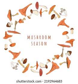 Mushrooms watercolor vector illustration with copyspace and text. Fall forest boletus in aquarelle design