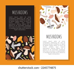 Mushrooms web banner. Forest edible mushrooms recipe, menu, label, packaging design cartoon vector