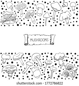 Mushrooms. White mushrooms on a white background. Vector isolated illustration with chanterelles, russules, oyster mushrooms. Doodle style. Design of logos, books, albums, and magazines. 
