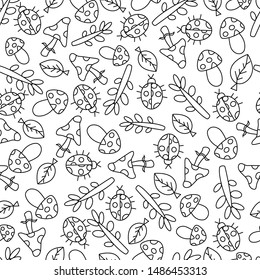 mushrooms, wigs and leaves fall hand drawn vector seemless pattern