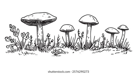 mushrooms and wild grass hand-drawn black and white illustration