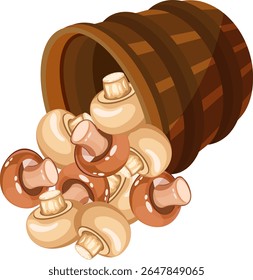 mushrooms in a wooden bucket without background