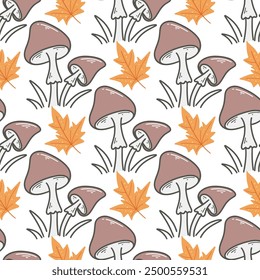Mushrooms and yellow maple leaves seamless pattern. Autumn forest mushroom background. Print fall foliage and harvest mushrooms for textile, packaging, paper, vector graphics
