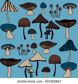 mushrooms.blue.brown.beige. different forms