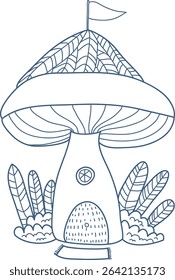 A mushroom-shaped house with a leaf-patterned roof and a small flag in line art. The whimsical structure is surrounded by stylized plants and a circular window. Cartoon vector illustration.