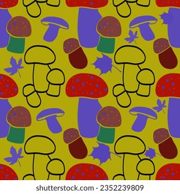 Mushrooms.Seamless pattern.Image on white and colored background.Vector.
