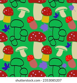 Mushrooms.Seamless pattern.Image on white and colored background.Vector.