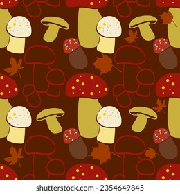 Mushrooms.Seamless pattern.Image on white and colored background.Vector.