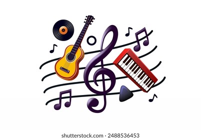 Musial treble clef collage, piano music play, guitar musician. Vector illustration