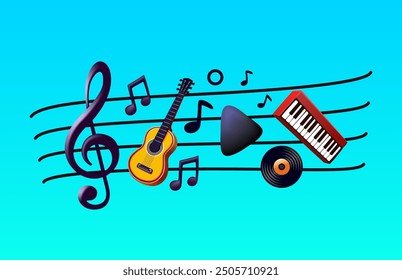 Musial treble clef collage, piano music play, guitar musician. Vector illustration