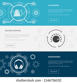 Music 3 horizontal webpage banners template with xylophone, volume control, headphones concept icons. Flat modern isolated icon illustration.