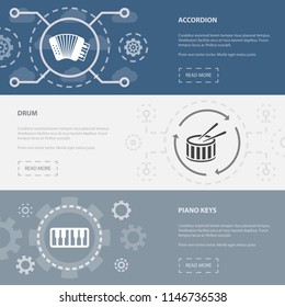Music 3 horizontal webpage banners template with accordion, drum, piano keys concept icons. Flat modern isolated icon illustration.