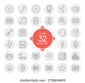 MUSIC 32 icons set with circles design isolated on white background. Vector illustration.