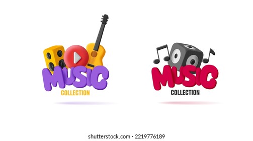 music 3d composition withboombox and guitar and columns, rounded 3d render style composition set