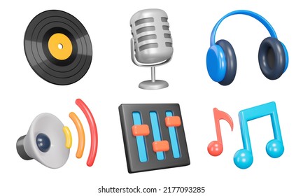 Music 3d icon set. Equipment for listening and recording sound. phonograph record, microphone, headphones, speaker, equalizer, music notes. Isolated icons, objects on a transparent background - Shutterstock ID 2177093285