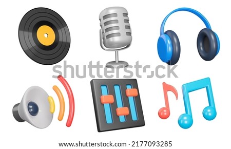 Music 3d icon set. Equipment for listening and recording sound. phonograph record, microphone, headphones, speaker, equalizer, music notes. Isolated icons, objects on a transparent background 商業照片 © 