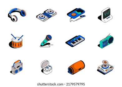 Music 3d isometric icons set. Pack elements of headphones, dj player, equalizer, drum, microphone, piano, radio, earphones, musical speaker and other. Vector illustration in modern isometry design