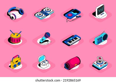 Music 3d Isometric Icons Set. Pack Elements Of Headphones, Equalizer, Song Player, Drum, Microphone, Piano, Radio, Musical Speaker, Karaoke And Others. Vector Illustration In Modern Isometric Design