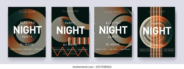 Music 3D Posters. Set Graphic Design Elements with for Dance Parties, Discos, Club Invitations, Festival. Background Gradient Retro Patterns for Wave Electro Sound. Vector Illustration.  