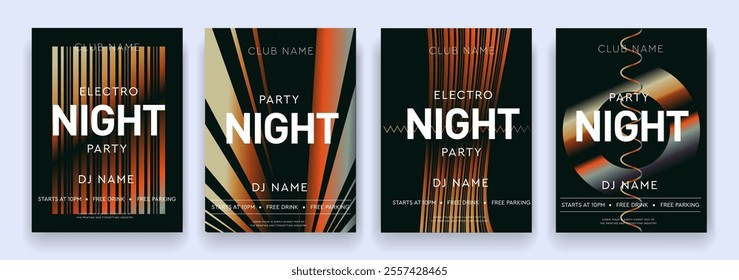 Music 3D Posters. Set Graphic Design Elements with for Dance Parties, Discos, Club Invitations, Festival. Background Gradient Retro Patterns for Wave Electro Sound. Vector Illustration.  