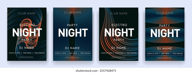 Music 3D Posters. Set Graphic Design Elements with for Dance Parties, Discos, Club Invitations, Festival. Background Gradient Retro Patterns for Wave Electro Sound. Vector Illustration.  