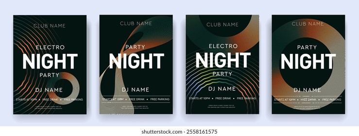 Music 3D Posters. Set Graphic Design Elements with for Dance Parties, Discos, Club Invitations, Festival. Background Gradient Retro Patterns for Wave Electro Sound. Vector Illustration.  