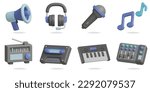 music 3D vector icon set.
speaker,earphones,microphone,music note,radio,cassette,electric piano,music mixer