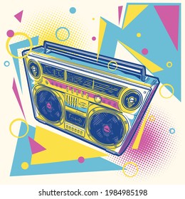 Music 80s style design - funky colorful drawn boom box tape recorder
