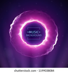 Music abstract background. Beat and sound equalizer. Audio and music waves. Vector illustration. Purple music energy. Colorful backdrop. 3D futuristic structure. Dots connection on the dark background