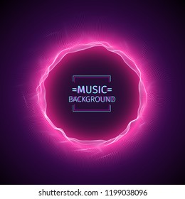 Music Abstract Background. Beat And Sound Equalizer. Audio And Music Waves. Vector Illustration. Purple Music Energy. Colorful Backdrop. 3D Futuristic Structure. Dots Connection On The Dark Background