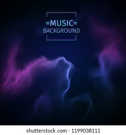 Music abstract background. Beat and sound equalizer. Audio and music waves. Vector illustration. Purple music energy. Colorful backdrop. 3D futuristic structure. Dots connection on the dark background