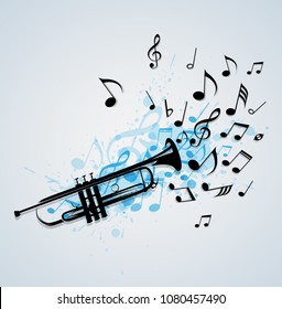 Music abstract background with black trumpet, notes and blue blots. Vector illustration.