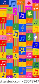 Música. Resumen de fondo con notas de música colorida. Papel de fondo de notas musicales con un patrón impecable. Ilustración vectorial