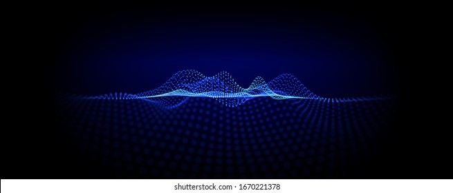 Music Abstract Background. Particles Equalizer Sound Wave Big Data Design. Dynamic Light Flow, with Blurred Depth of Field Effect. Vector Illustration.