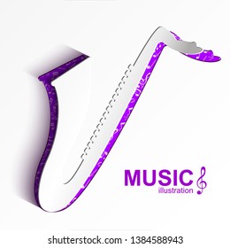 Music abstract background with white cut out paper saxophone silhouette and notes icons isolated vector illustration