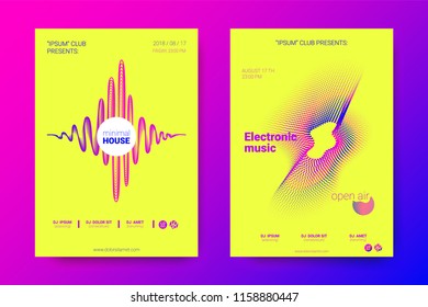 Music Abstract Colorful Poster. Bright Sound Flyer with Distortion of Circles. Trendy Abstract Covers of Electronic Music Event. Modern Vibrant Gradient and Wave Lines. Abstract Vector Illustration.