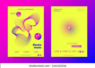 Music Abstract Colorful Poster. Bright Sound Flyer with Distortion of Circles. Trendy Abstract Covers of Electronic Music Event. Modern Vibrant Gradient and Wave Lines. Abstract Vector Illustration.