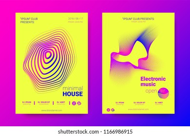 Music Abstract Colorful Poster. Bright Sound Flyer with Distortion of Circles. Trendy Abstract Covers of Electronic Music Event. Modern Vibrant Gradient and Wave Lines. Abstract Vector Illustration.