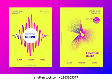 Music Abstract Colorful Poster. Bright Sound Flyer with Distortion of Circles. Trendy Abstract Covers of Electronic Music Event. Modern Vibrant Gradient and Wave Lines. Abstract Vector Illustration.